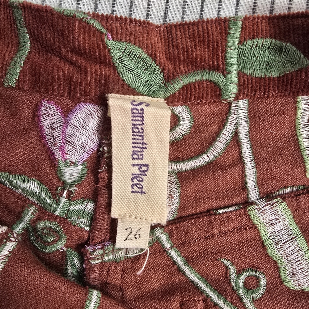 Samantha Pleet Sweet Pea Embroidered Plank Pants Wide Leg Sienna Brown Size 26/8 - Picture 13 of 15